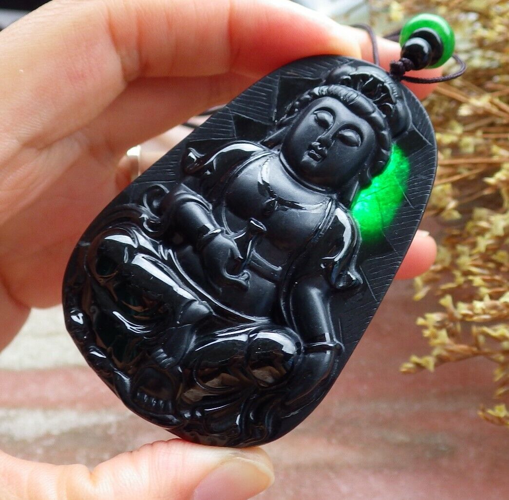 Certified Green Black 100% Natural A Jade jadeite pendant Guanyin Kwan Yin Lotus Flower Necklace 墨翠 观音 525096 TN