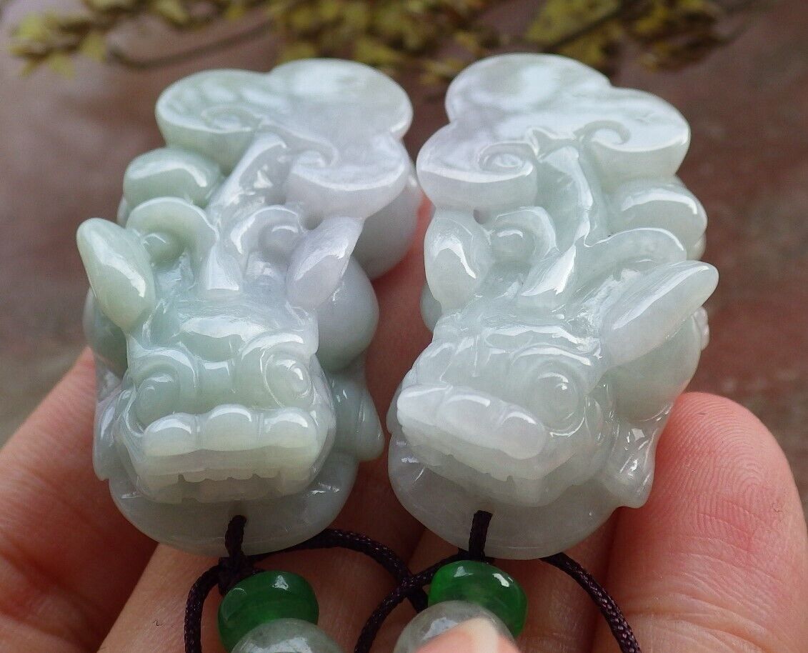 Pair Certified Green Pale Lavender Burma 100% Natural A Jade jadeite Pendant Dragon Pi Xiu Money Coin Ruyi Necklace 风水貔貅 573992 TN