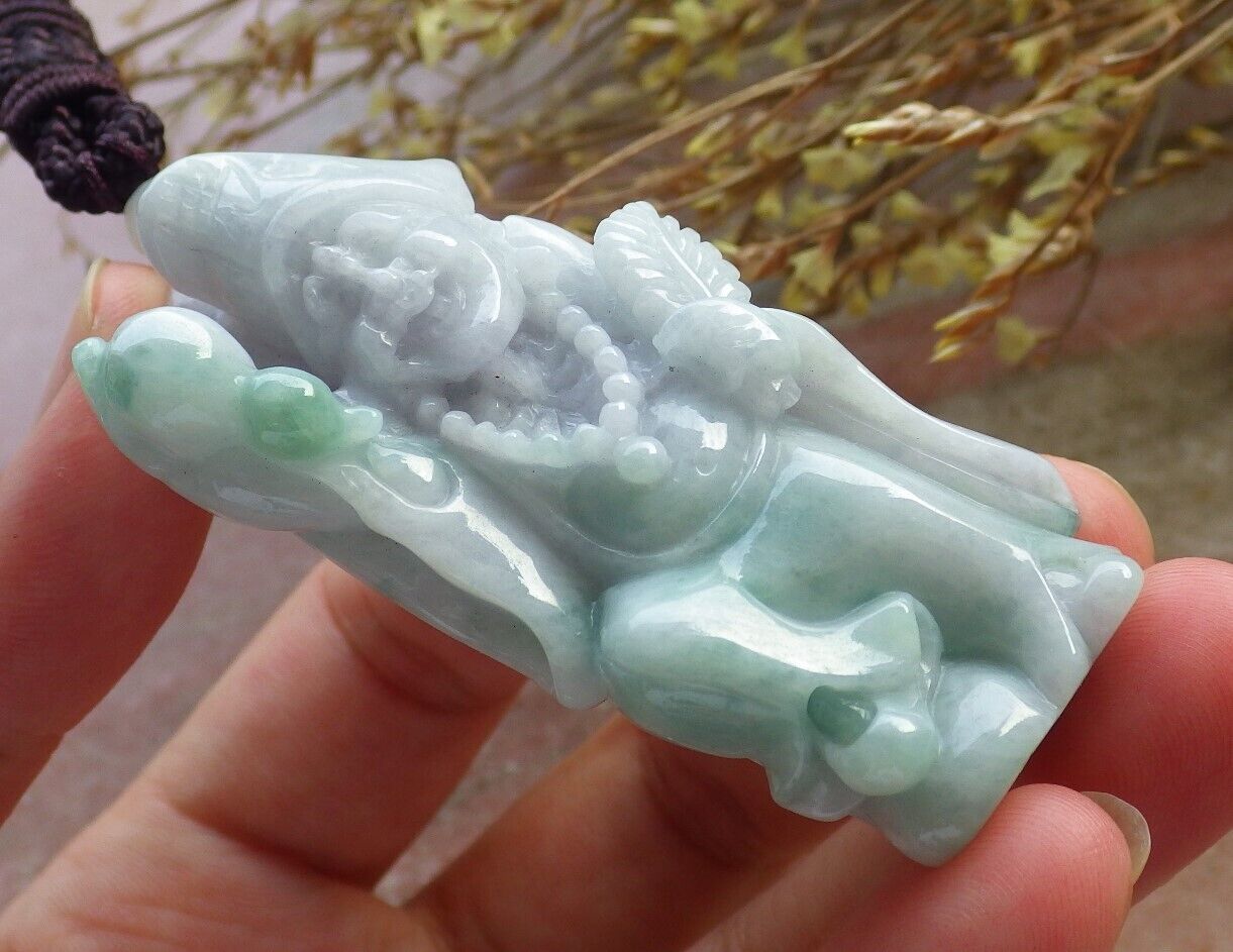 Certified Green Pale Lavender Burma 100% Natural A Jade jadeite pendant Happy Ji Kung Buddha God Fan Gourd Necklace 济公 575331 TN
