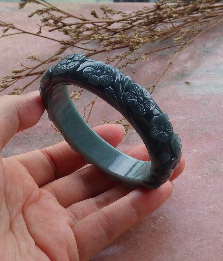 Certified Green Burma 100% Natural A JADE Jadeite Deer Lotus Flower Ruyi Coin Bangle Bracelet 56 mm 手镯 563759 TN