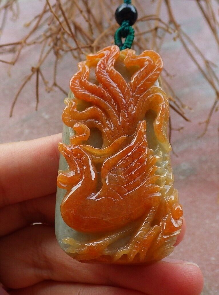 Certified Red Green 100% Natural A Jade jadeite Pendant Phoenix Ruyi Necklace 凤凰 526281 TN