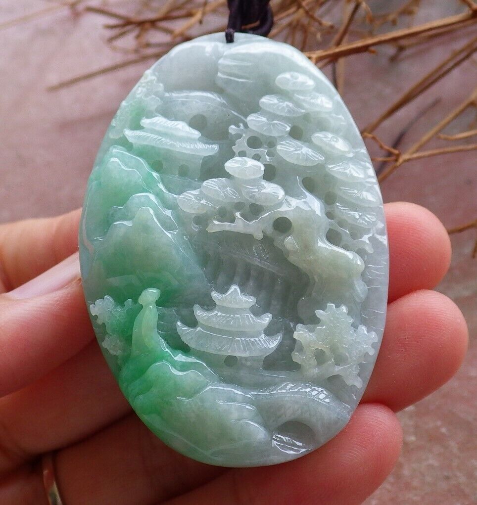 Certified Green Burma 100% Natural A Jade jadeite Landscape painting Tree Necklace 山水画 525706 TN