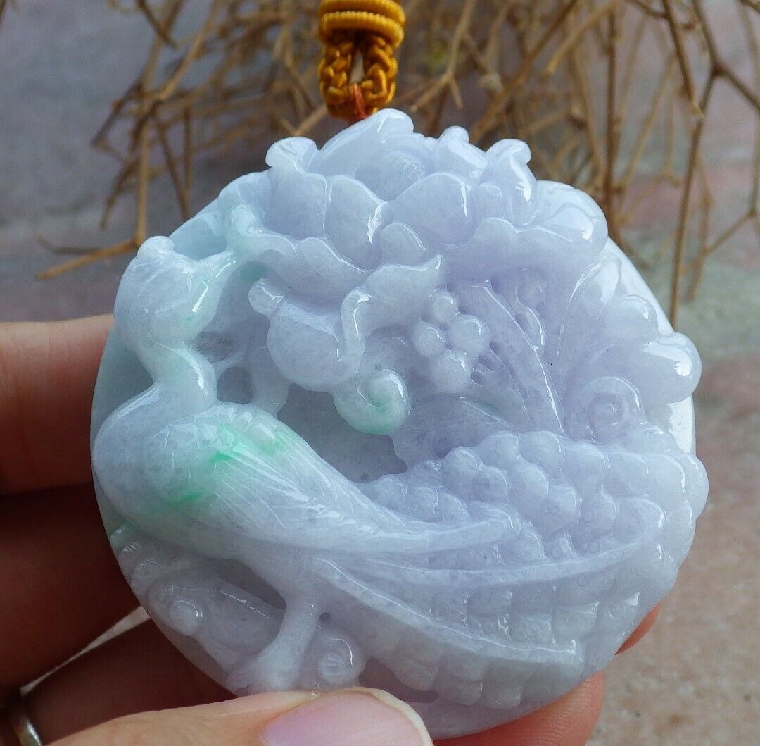Certified Green Pale Lavender 100% Natural A Jade jadeite Pendant Phoenix Bird Flower Necklace 鸟语花香 521055 TN