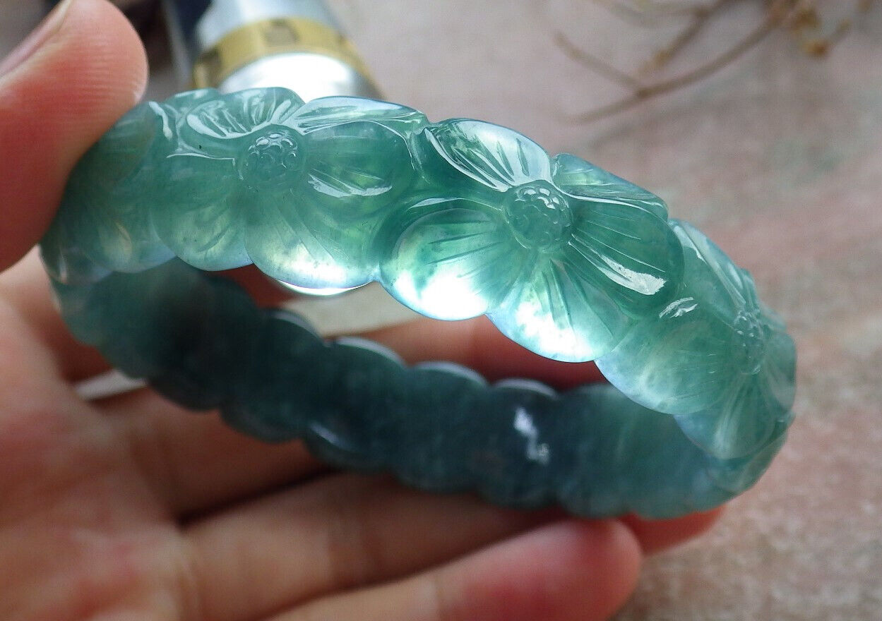 Certified Icy Green Burma 100% Natural A JADE Jadeite Flower Bangle Bracelet 55 mm 635451 AS