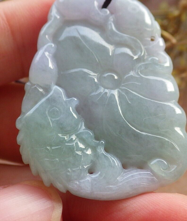 Certified Green Pale Lavender Burma 100% Natural A Jade jadeite Pendant Fish Lotus Leaf Necklace 年年有余 575361 TN