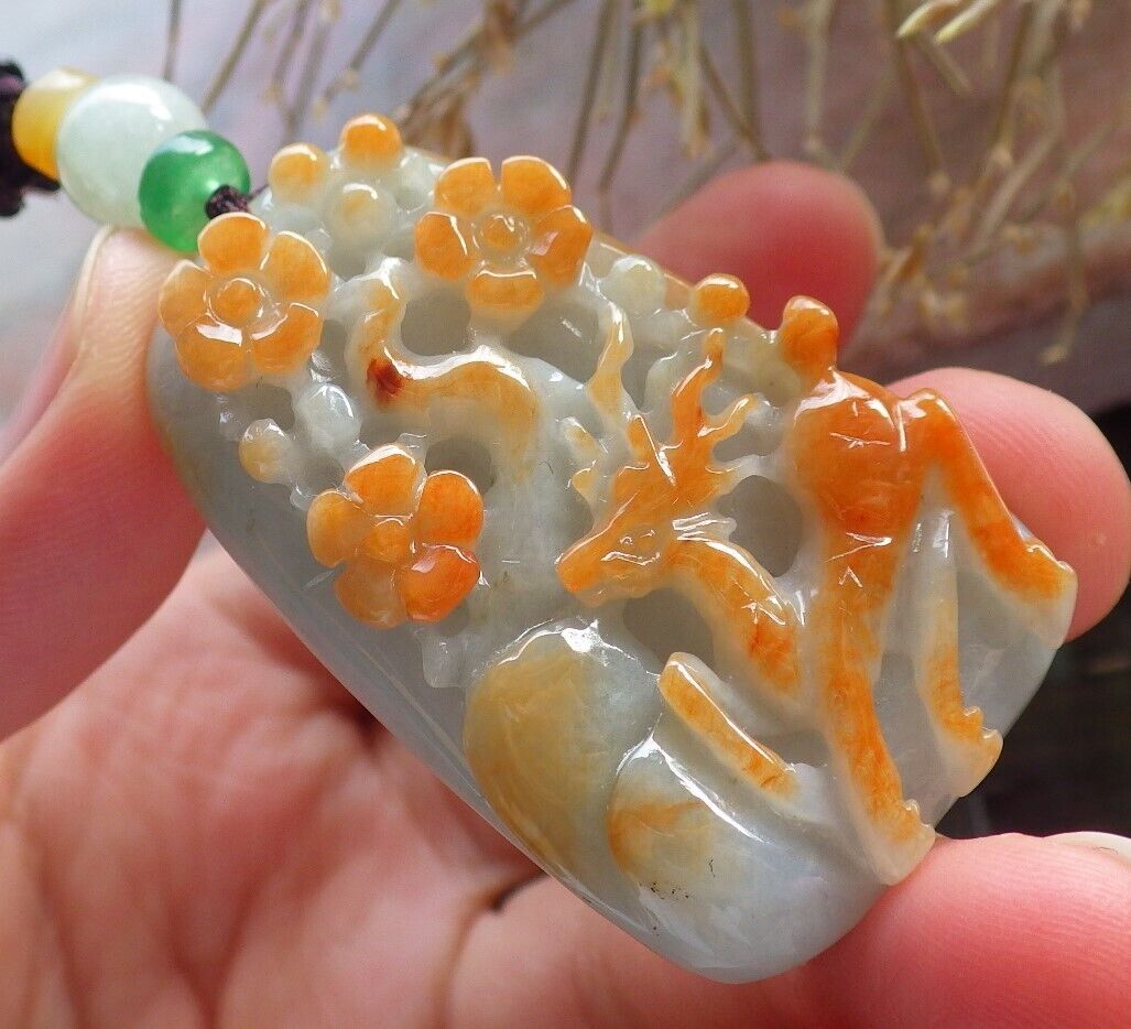 Certified Red Green Burma 100% Natural A Jade jadeite Pendant Deer Flower Necklace 梅花鹿 646488 TN
