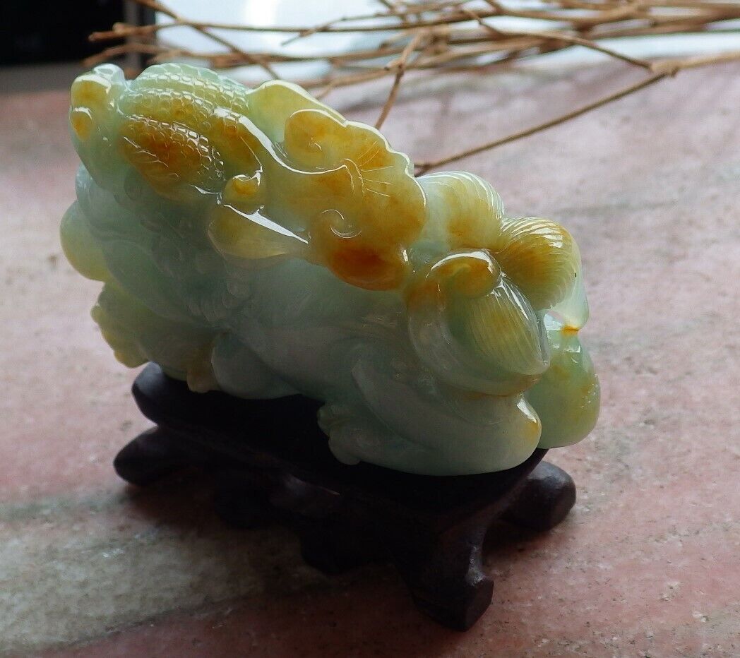 Certified Yellow Green Burma 100% Natural A Jade jadeite Display Dragon Pi Xiu Money Coin Lotus Flower Ruyi 风水貔貅 498174 TN