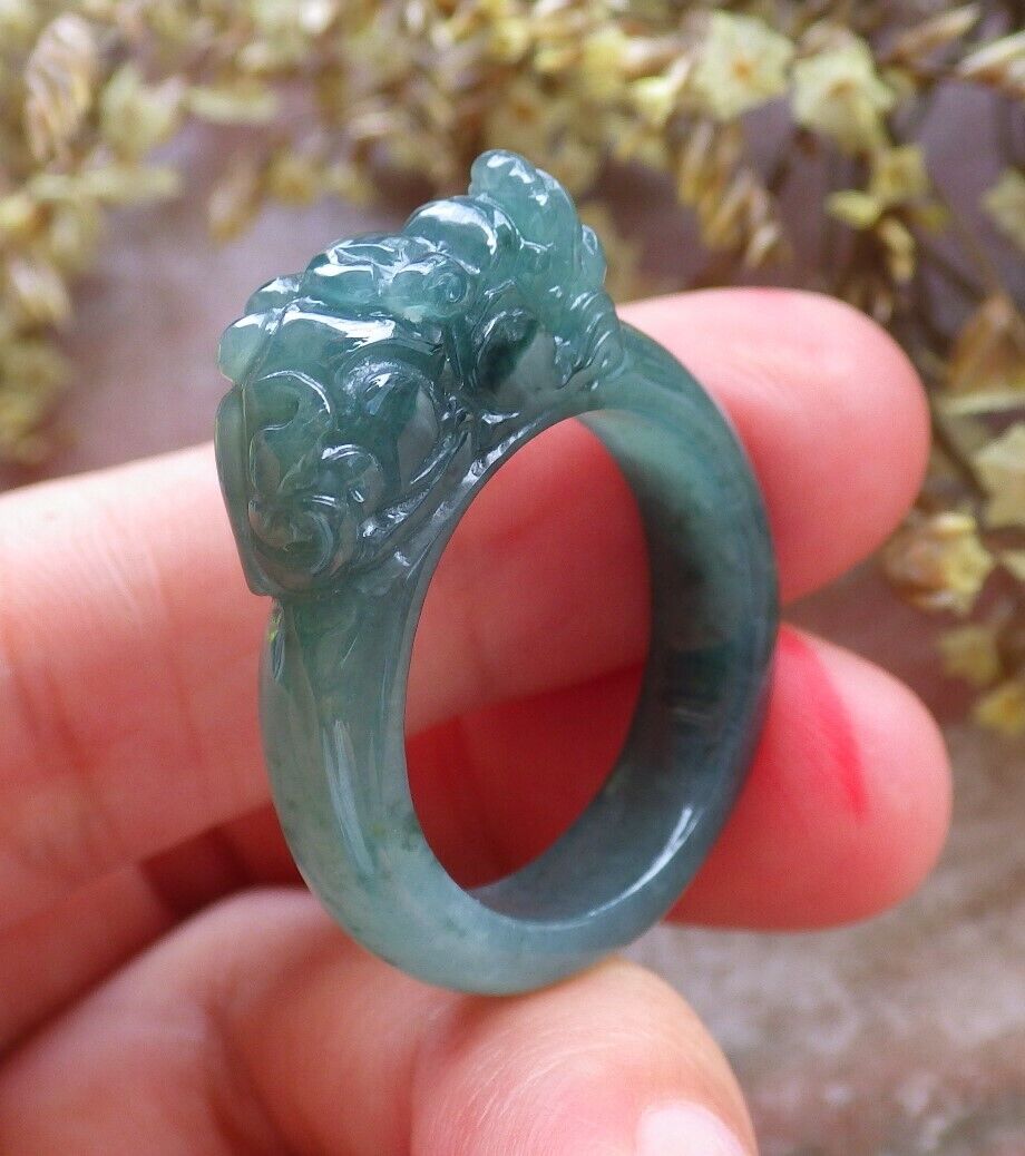 Certified Icy Green 100% Natural A JADE Jadeite Dragon Pi Xiu RING USA. 8.75 戒指 523807 TN