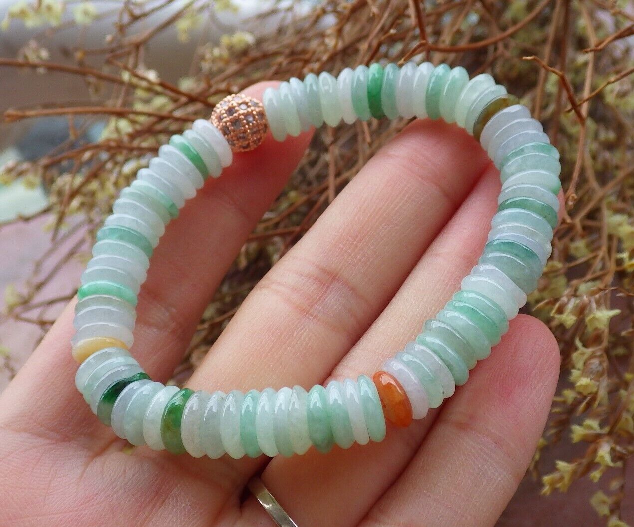 Certified Yellow Green Pale Lavender 100% Natural A JADE Jadeite Bead Beads Bangle Circle Bead Beads Bangle Bracelet 平安扣手链 524993 TN
