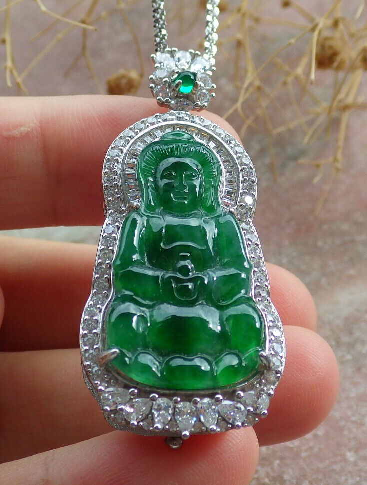 Sterling Silver 925 Certified Icy Green Burma 100% Natural A JADE Jadeite pendant Guanyin Kwan Yin Lotus Flower Necklace 观音 636112 TN