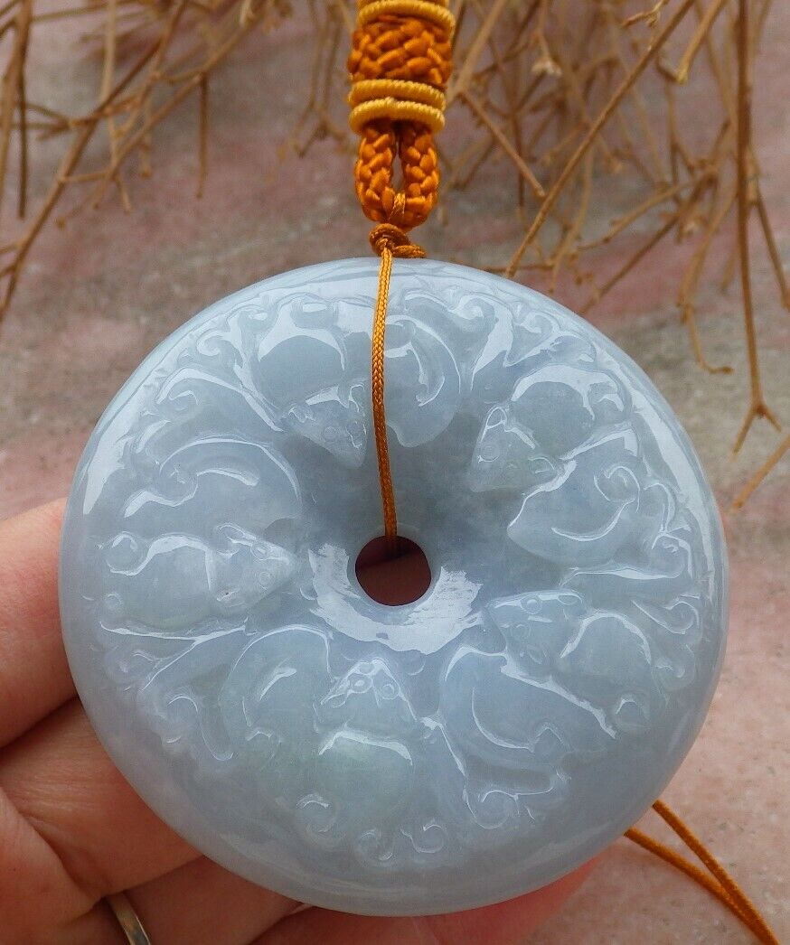 Certified Pale Green Lavender 100% Natural A Jade jadeite Dragon Phoenix 5 Bat Necklace 五福龙凤 519611 TN