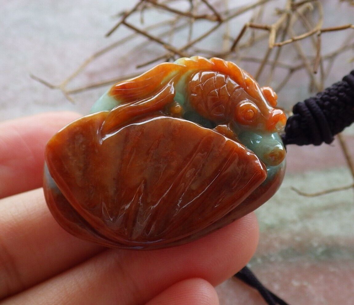 Certified Brown Red Green 100% Natural A Jade jadeite Pendant Gold Fish Sea Shell Necklace 金玉满堂 528832 TN