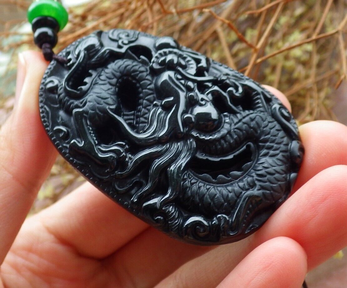 Certified Green Black 100% Natural A Jade jadeite Pendant Dragon Spit Bead Necklace 墨翠 生意兴隆 525037 TN
