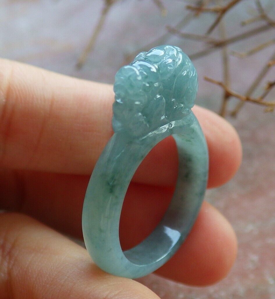Certified Icy Green 100% Natural A JADE Jadeite Dragon Pi Xiu RING USA. 9 风水貔貅戒指 530081 TN