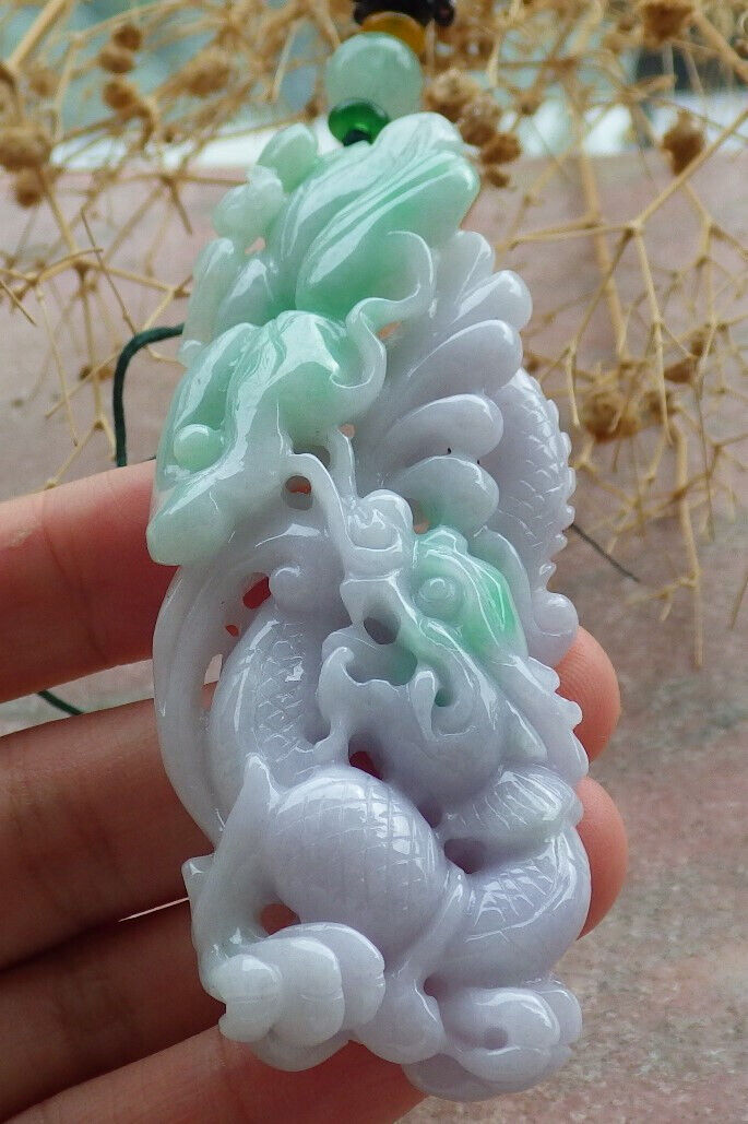 Certified Lavender Green Burma 100% Natural A Jade jadeite Pendant Dragon Bat Lotus Leaf Necklacde 生意兴隆 636213 TN
