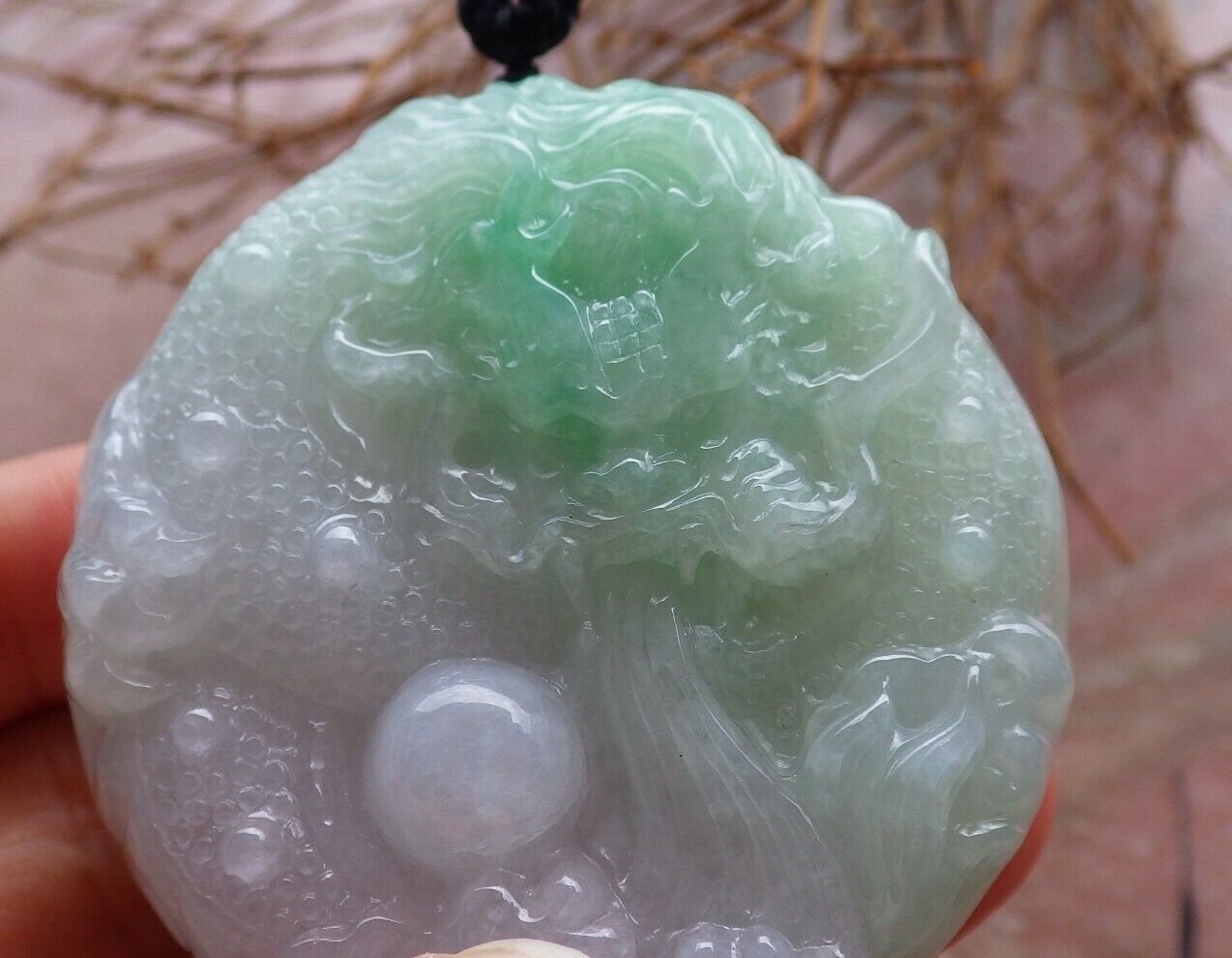 Certified Icy Green 100% Natural A Jade jadeite pendant Dragon Bead Ruyi Necklace 生意兴隆 525919 TN
