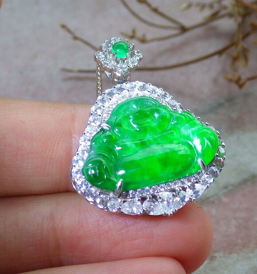 Icy Green Silver 925 Certified Burma 100% Natural A JADE Jadeite pendant Happy Buddha God Necklace 佛公 635238 TN