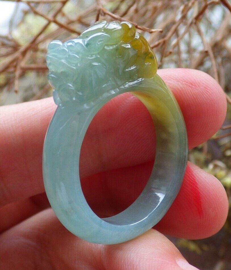 Certified Icy Yellow Green 100% Natural A JADE Jadeite Dragon Pi Xiu RING USA. 9 戒指 523815 TN