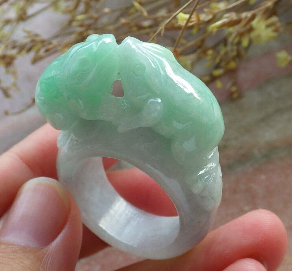 Certified Green Burma 100% Natural A JADE Jadeite Frog Toad Money Coin RING USA. 12.5 戒指 575539 TN