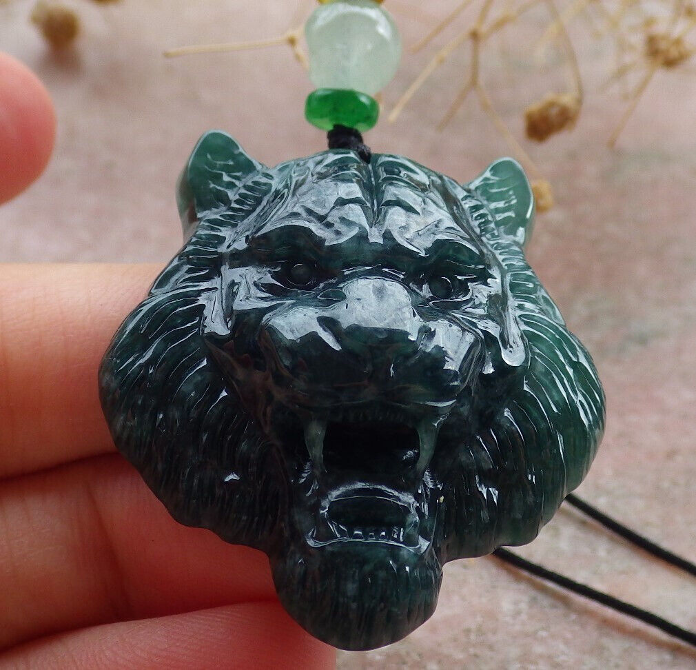 Certified Icy Green Burma 100% Natural A Jade jadeite Pendant Tiger Head Necklace 虎虎生威 636150 TN