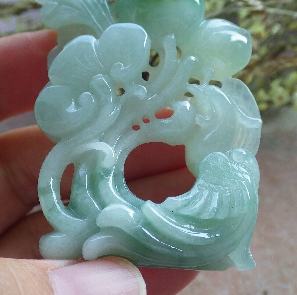 Certified Icy Green Burma 100% Natural A Jade jadeite Pendant Phoenix Peach Lotus Flower Ruyi Necklace 凤凰 574243 TN