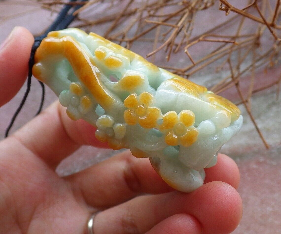 Certified Yellow Green 100% Natural A Jade jadeite Pendant Deer Flower Ruyi Necklace 梅花鹿 526346 TN
