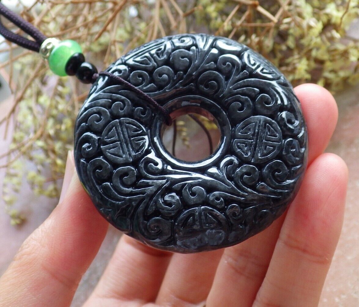 Certified Black 100% Natural A Jade jadeite pendant Longevity Lotus Flower Circle Necklace 花平安扣 523913 TN