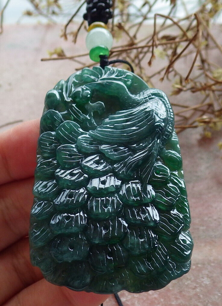 Certified Icy Green Burma 100% Natural A Jade jadeite Pendant Peacock Phoenix Necklace 孔雀 凤凰 633490 TN