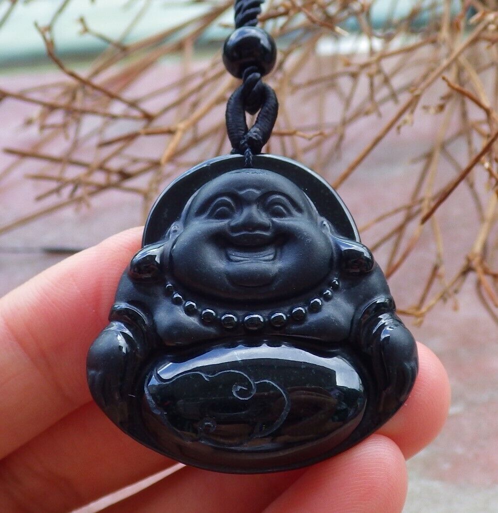 Certified Black Green 100% Natural A Jade jadeite pendant Happy Buddha God Necklace 墨翠 佛公 528946 TN