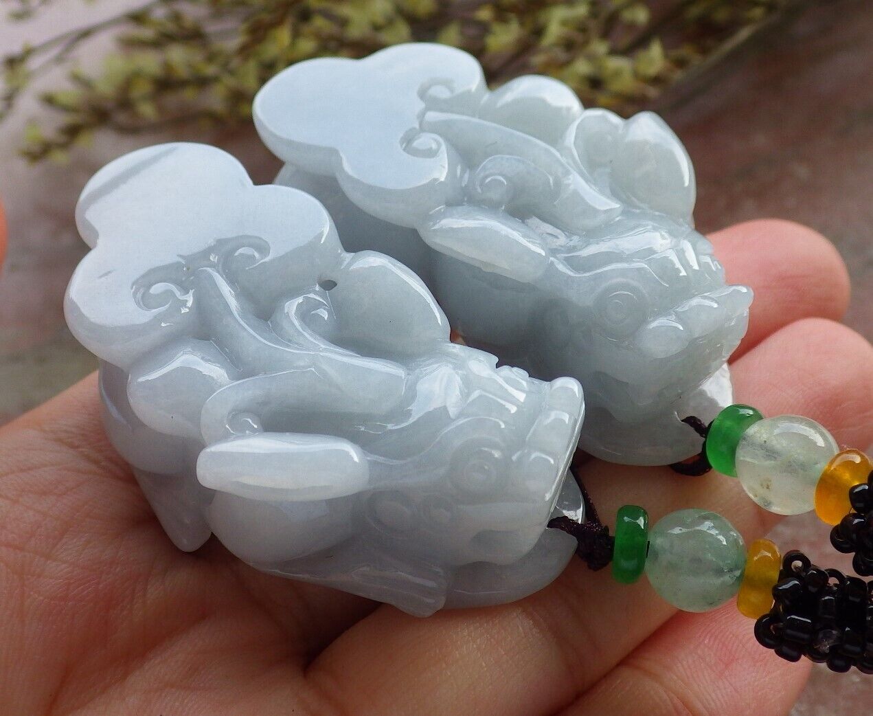 Pair Certified Pale Green Lavender Burma 100% Natural A Jade jadeite Pendant Dragon Pi Xiu Money Coin Ruyi Necklace 风水貔貅 573973 TN
