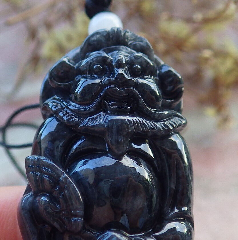 Certified Black Burma 100% Natural A Jade jadeite pendant Zhong Kui God Sword Fan Necklace 钟馗 633163 TN