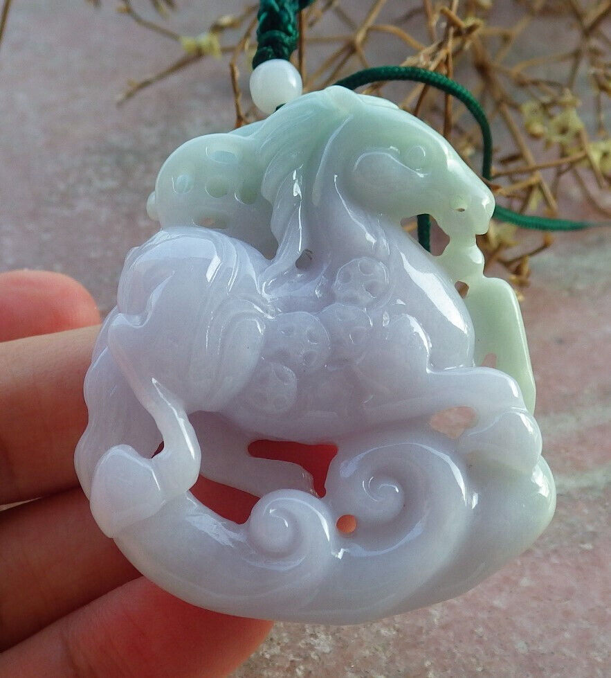 Certified Green Lavender Burma 100% Natural A Jade jadeite Pendant Horse Coin Ruyi Necklace 马到功成 634145 TN