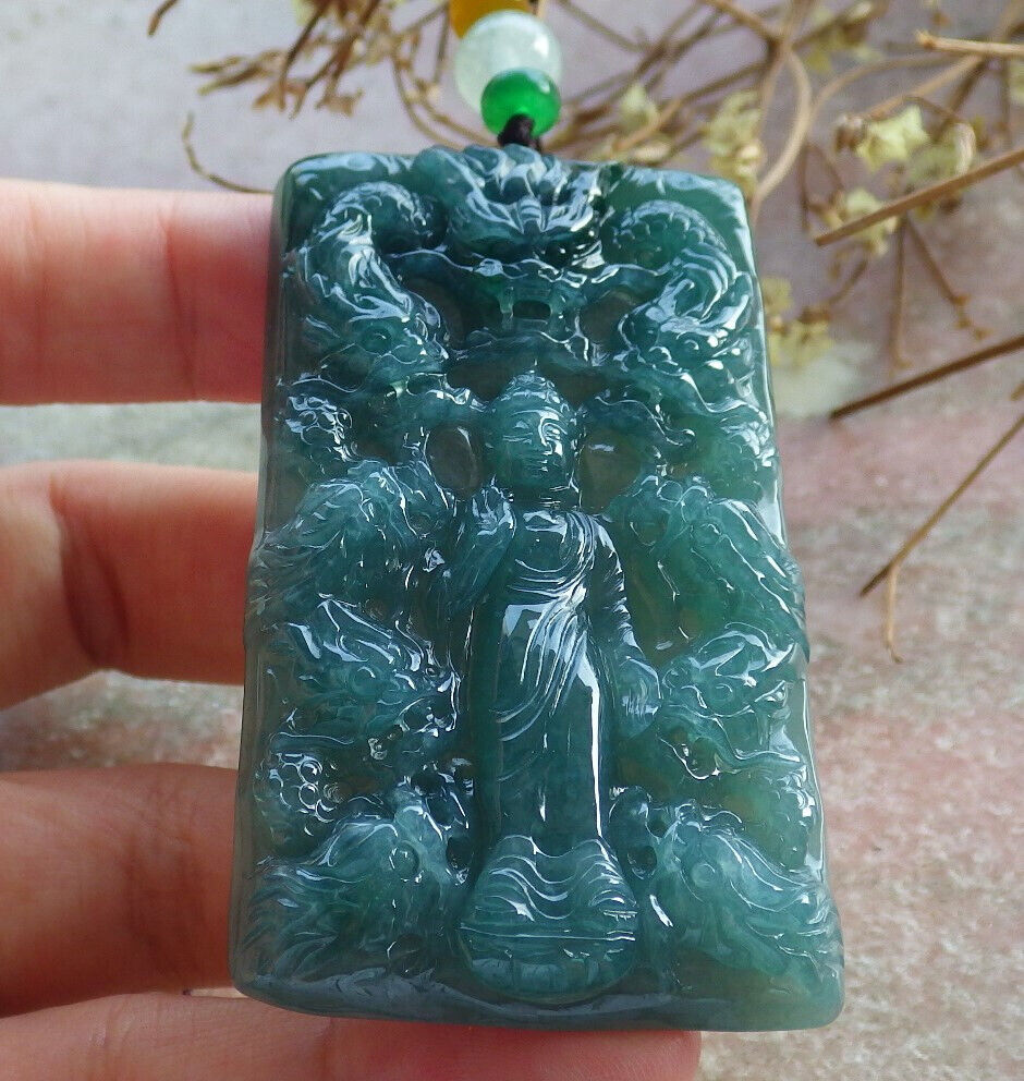 Atestita Glacia Verda Birmo 100% Natura A Jadejadeito pendanta Ŝakjamunio Budho Dio 9 Drako-Koliero 释迦牟尼 633832 TN