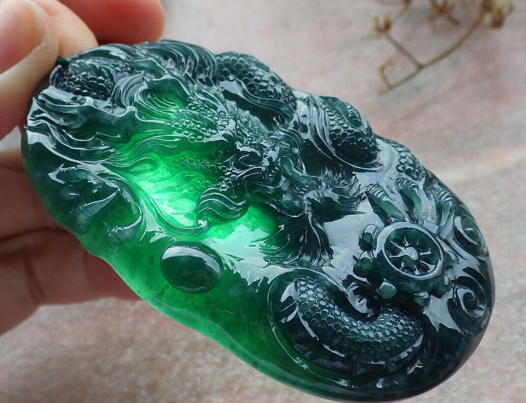 Certified Icy Blue Water Green Burma 100% Natural A Jade jadeite Pendant Dragon Bead Necklace 生意兴隆 634152 TN
