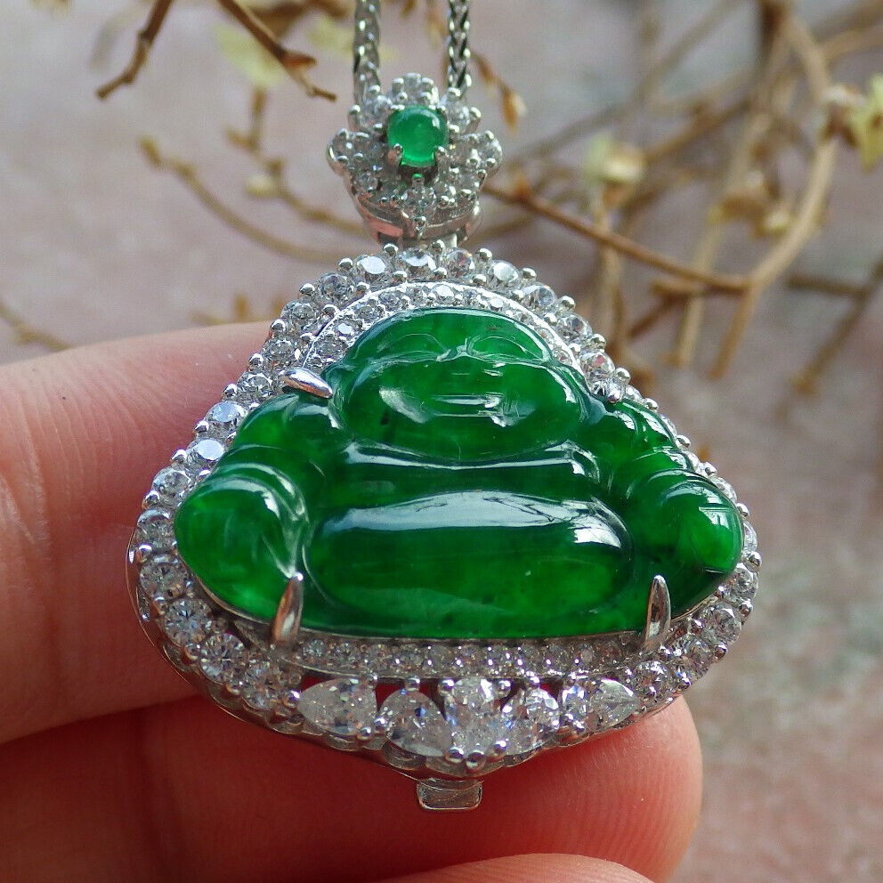 Icy Green Silver 925 Certified Burma 100% Natural A JADE Jadeite pendant Happy Buddha God Necklace 佛公 635173 TN