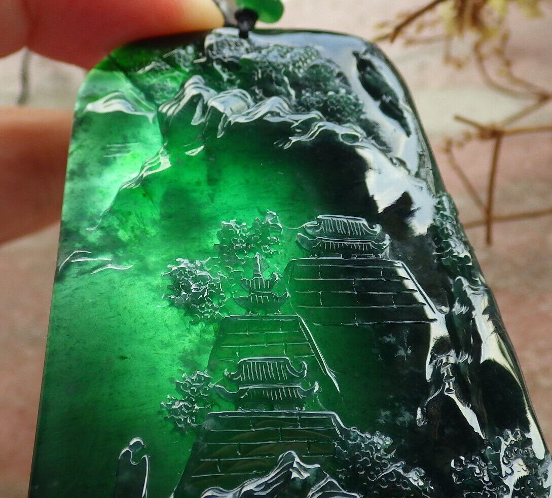 Certified Icy Blue Water Green Burma 100% Natural A Jade jadeite Landscape painting Tree Necklace 山水画 634014 TN