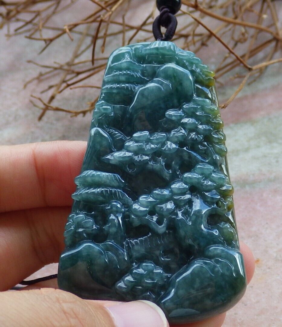 Certified Green Yellow 100% Natural A Jade jadeite Landscape painting Tree Necklace 山水画 529705 TN