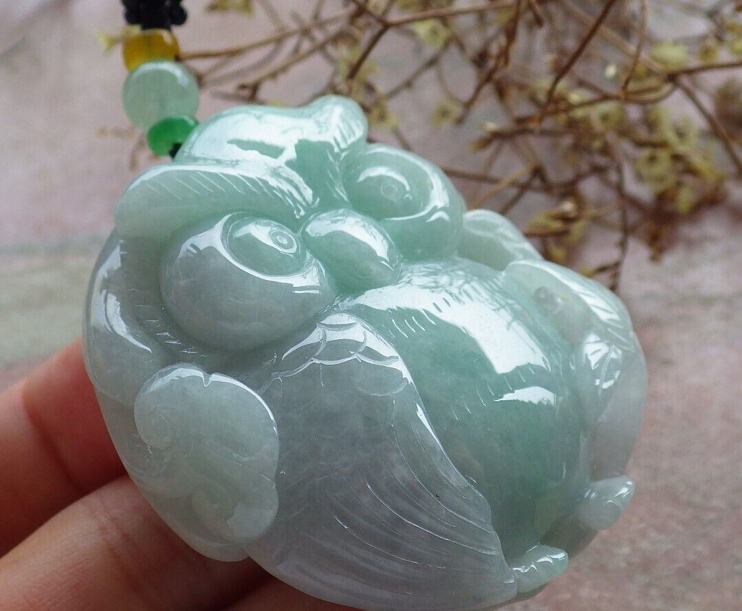Certified Green Burma 100% Natural A Jade jadeite Pendant Owl Ruyi Necklace 猫头鹰 633397 TN