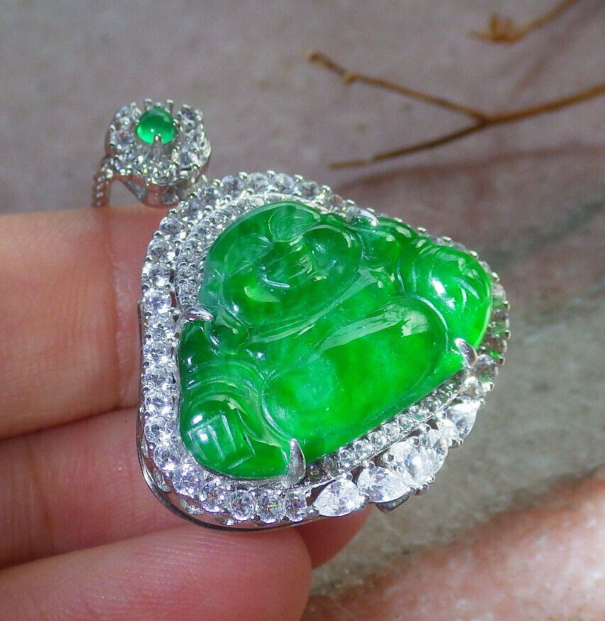 Icy Green Silver 925 Certified Burma 100% Natural A JADE Jadeite pendant Happy Buddha God Necklace 佛公 635186 TN