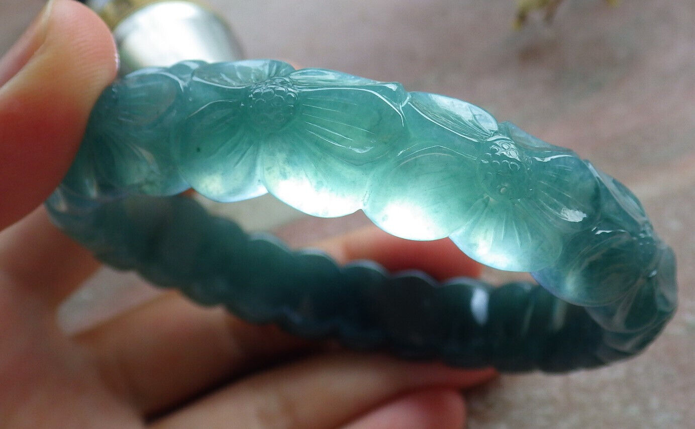 Certified Icy Blue Water Green Burma 100% Natural A JADE Jadeite Flower Bangle Bracelet 64 mm 635331 TN
