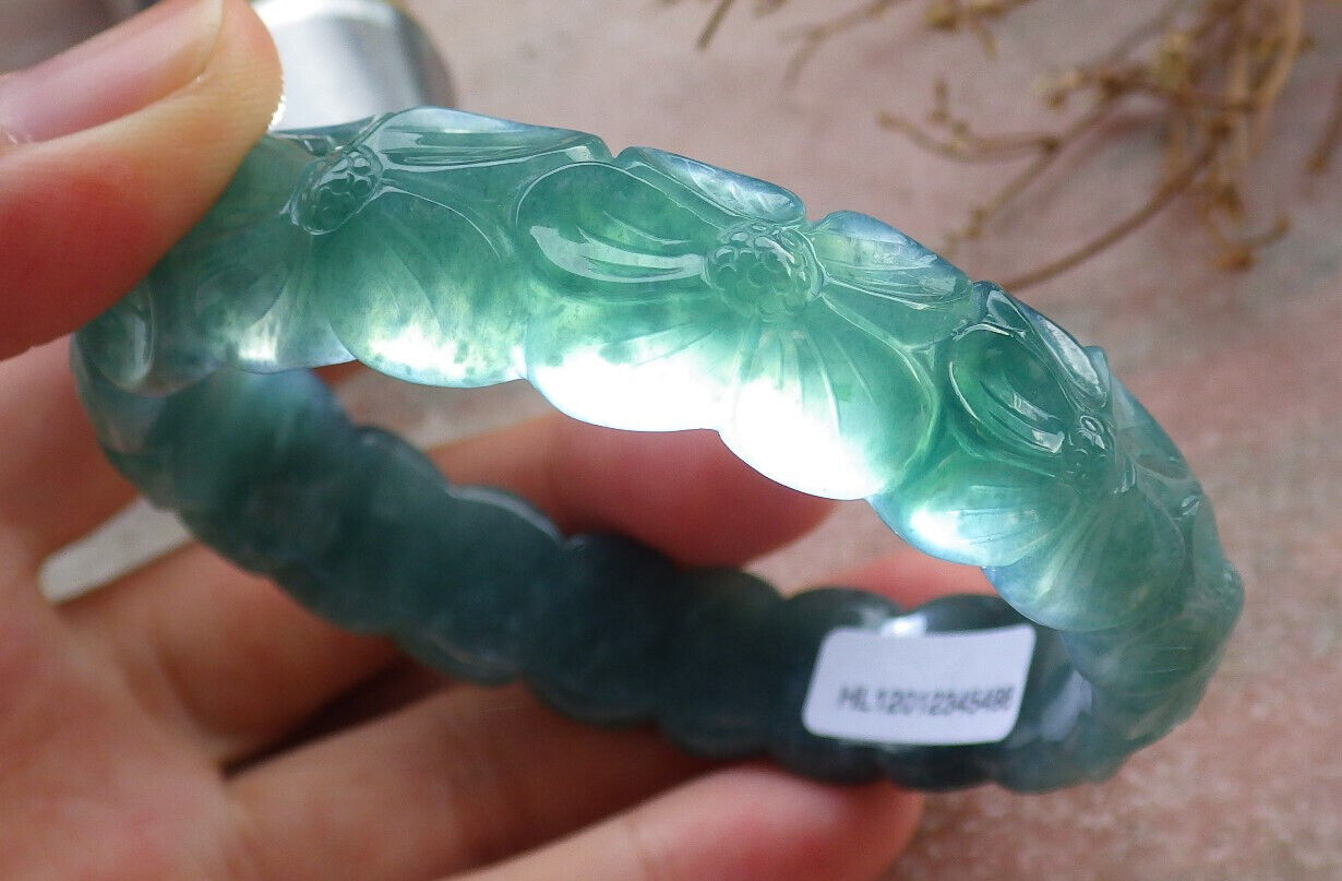 Certified Icy Green Burma 100% Natural A JADE Jadeite Flower Bangle Bracelet 58 mm 635488 TN