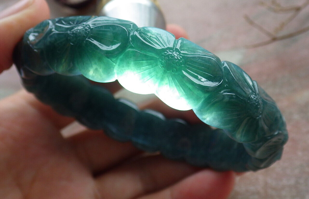 Certified Icy Green Burma 100% Natural A JADE Jadeite Flower Bangle Bracelet 60 mm 635415 AS