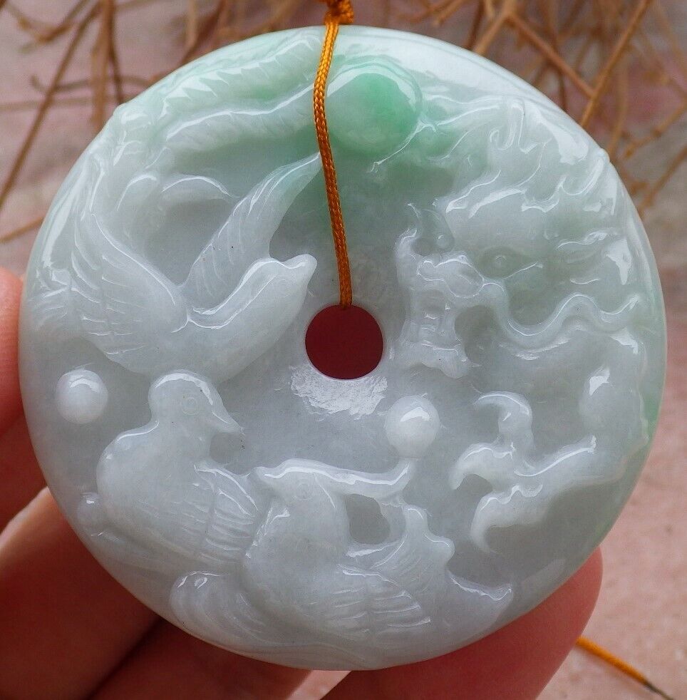 Certified Green 100% Natural A Jade jadeite pendant Mandarin Duck Dragon Phoenix 5 Bat Necklace 龙凤 519621 TN