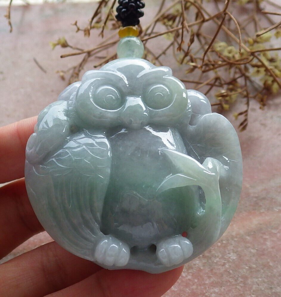 Certified Green Burma 100% Natural A Jade jadeite Pendant Owl Ruyi Necklace 猫头鹰 633445 TN