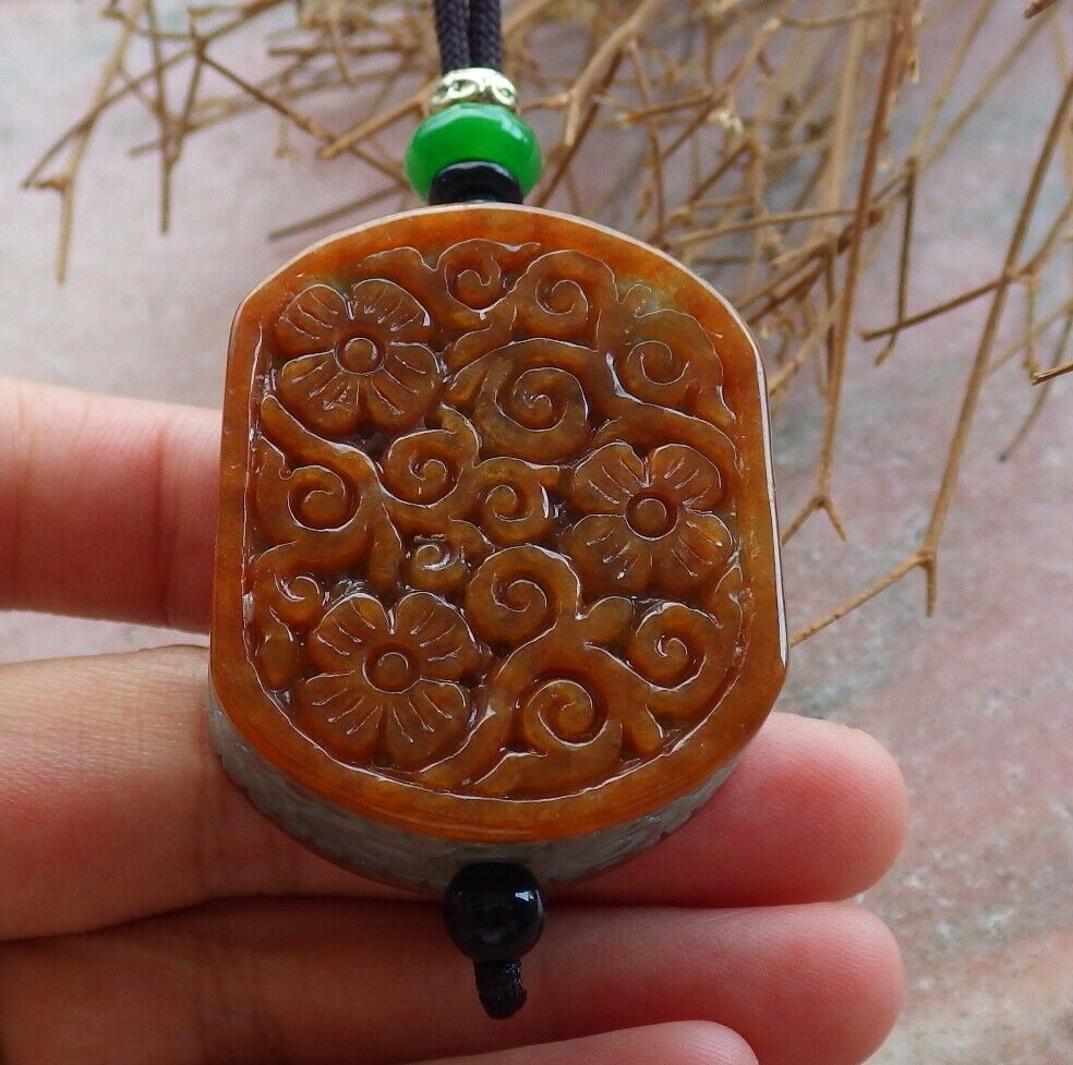 Certified Brown Red Green 100% Natural A Jade jadeite Pendant Flower Ruyi Rectangle Necklace 花平安牌 523664 TN
