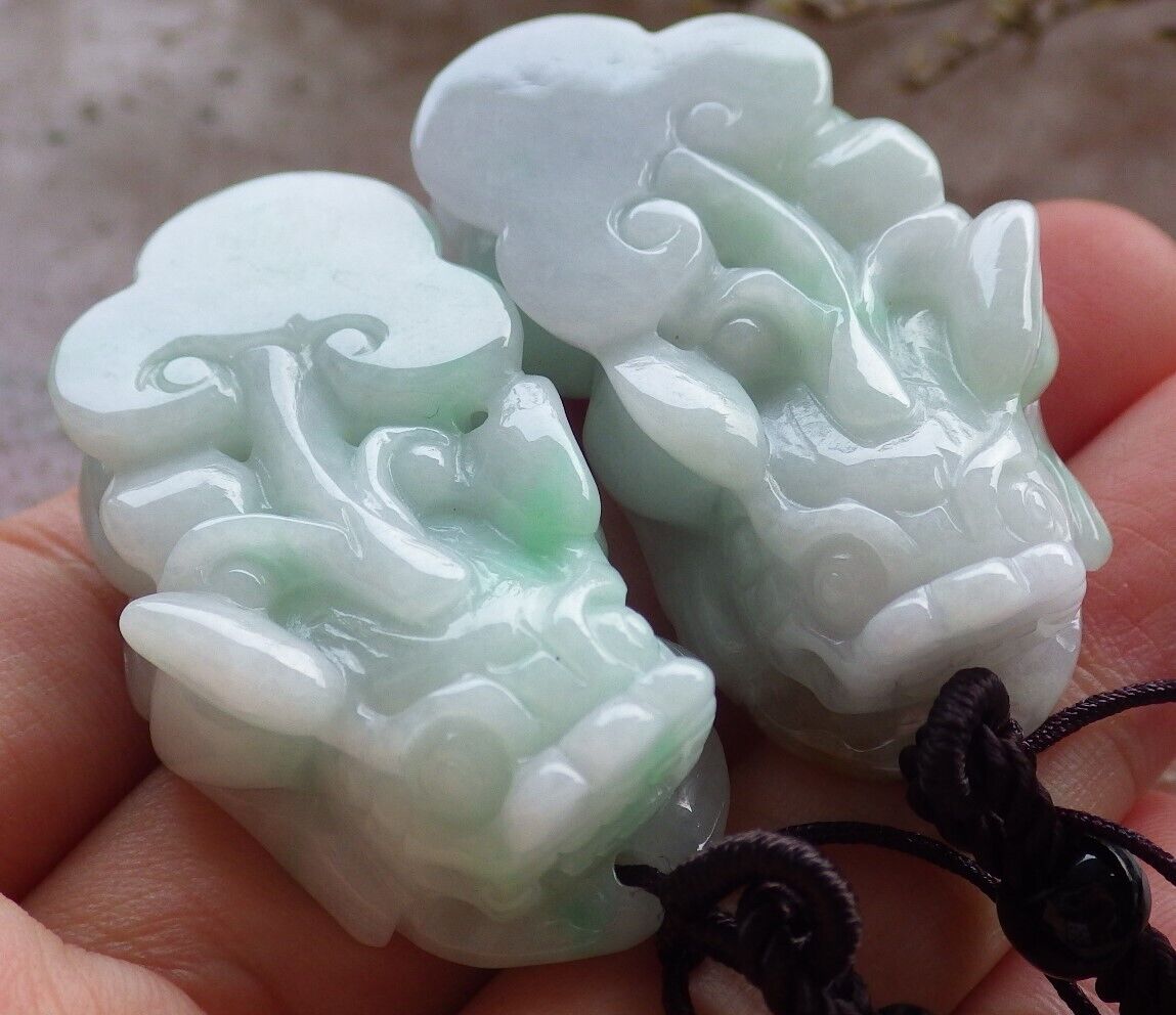 Pair Certified Green Burma 100% Natural A Jade jadeite Pendant Dragon Pi Xiu Money Coin Ruyi Necklace 风水貔貅 574573 TN