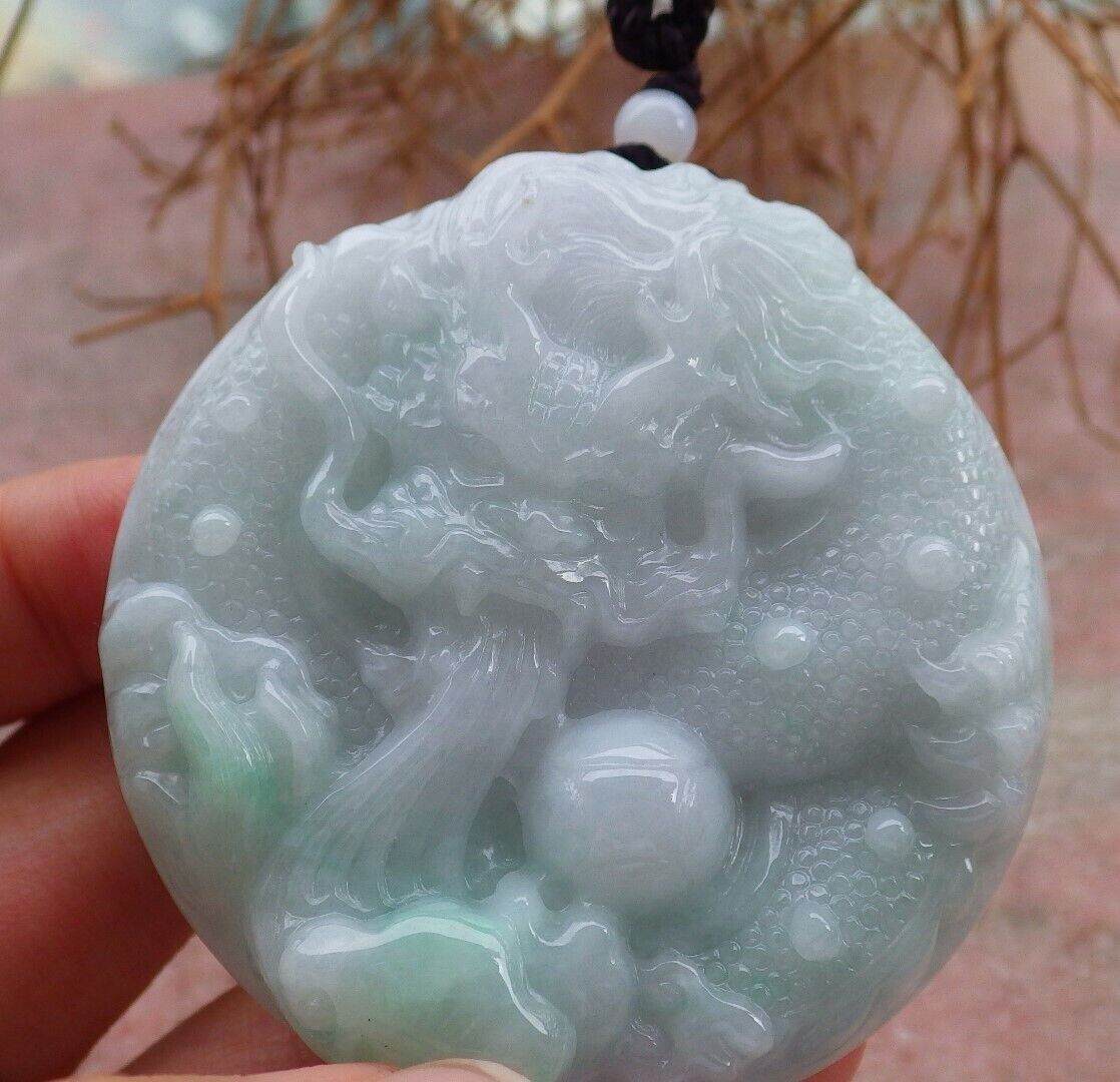 Certified Green 100% Natural A Jade jadeite pendant Dragon Lotus Flower Ruyi Bead Necklace 生意兴隆 520825 TN