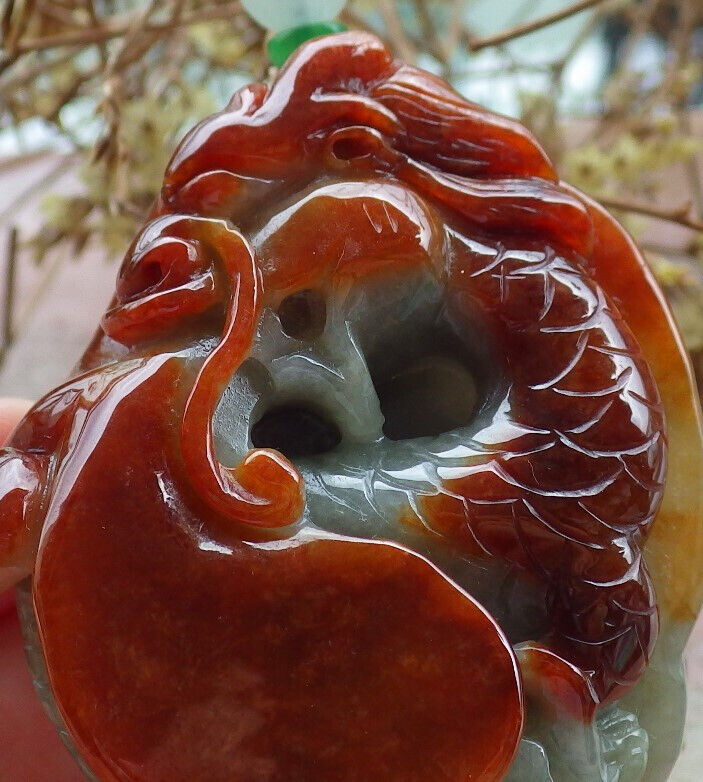Certified Red Green Burma 100% Natural A Jade jadeite Pendant Dragon Ruyi Necklace 生意兴隆 632668 TN