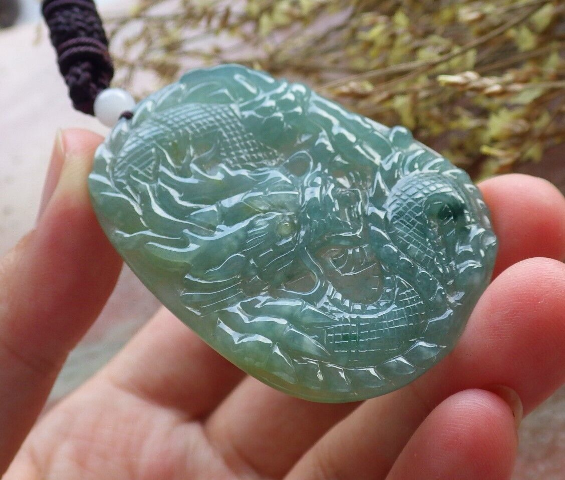 Certified Icy Green Burma 100% Natural A Jade jadeite Pendant Dragon Necklace 生意兴隆 574741 TN