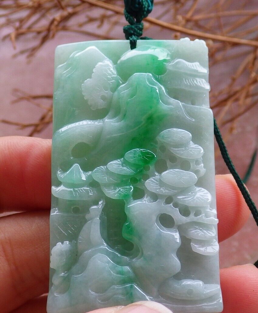 Certified Green Burma 100% Natural A Jade jadeite Landscape painting Tree Necklace Necklace 山水画 525505 TN